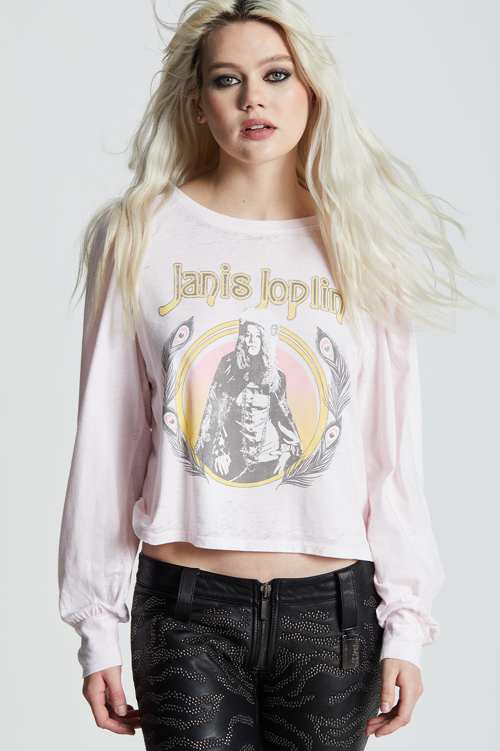 Women's Janis Joplin Puff Sleeve Top in Petal with photo graphic