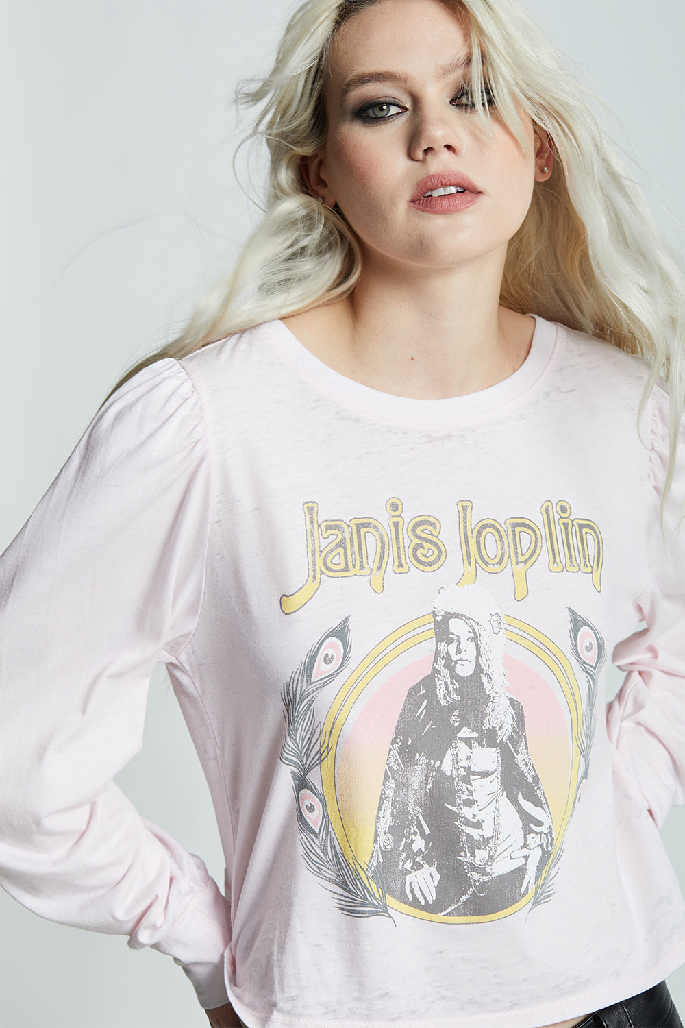 Women's Janis Joplin Puff Sleeve Top in Petal with photo graphic
