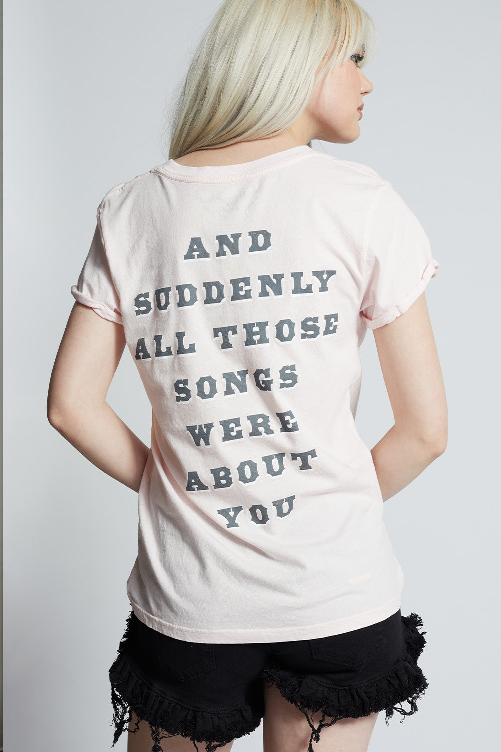 Women's Songs About You Country T-shirt in Petal with guitar, stars, and cow print