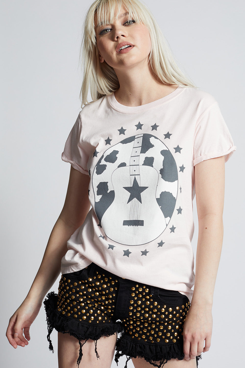 Women's Songs About You Country T-shirt in Petal with guitar, stars, and cow print