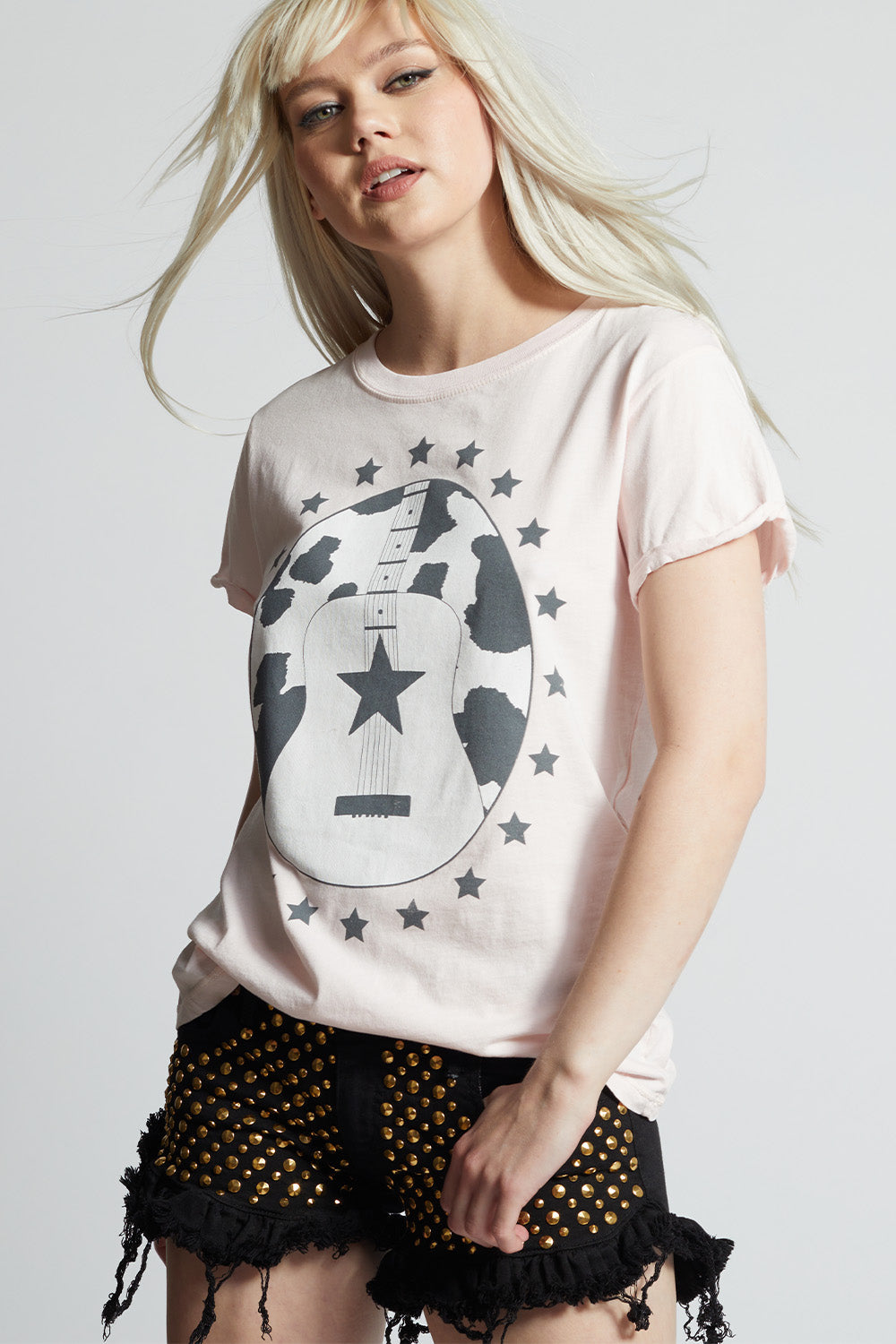 Women's Songs About You Country T-shirt in Petal with guitar, stars, and cow print