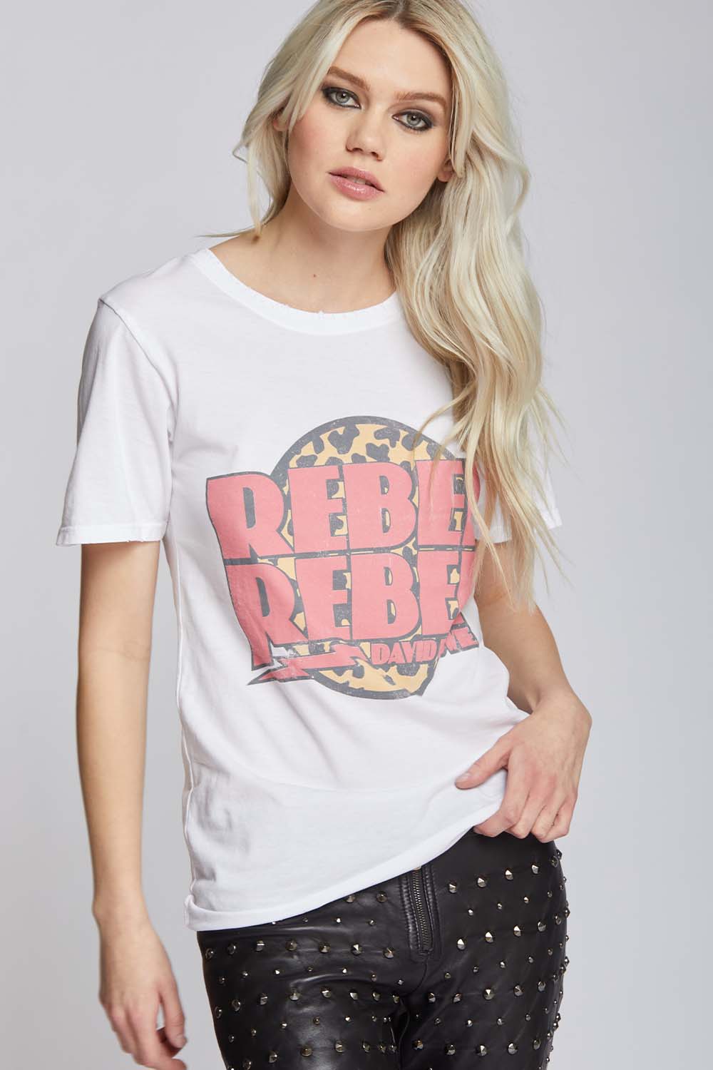 Women's David Bowie Rebel Rebel T-shirt in White with cheetah print