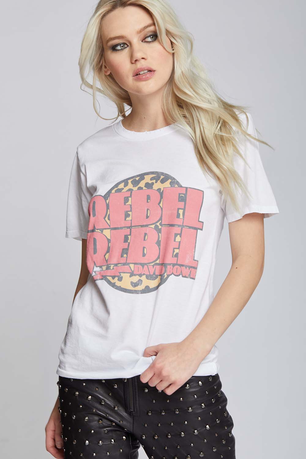 Women's David Bowie Rebel Rebel T-shirt in White with cheetah print