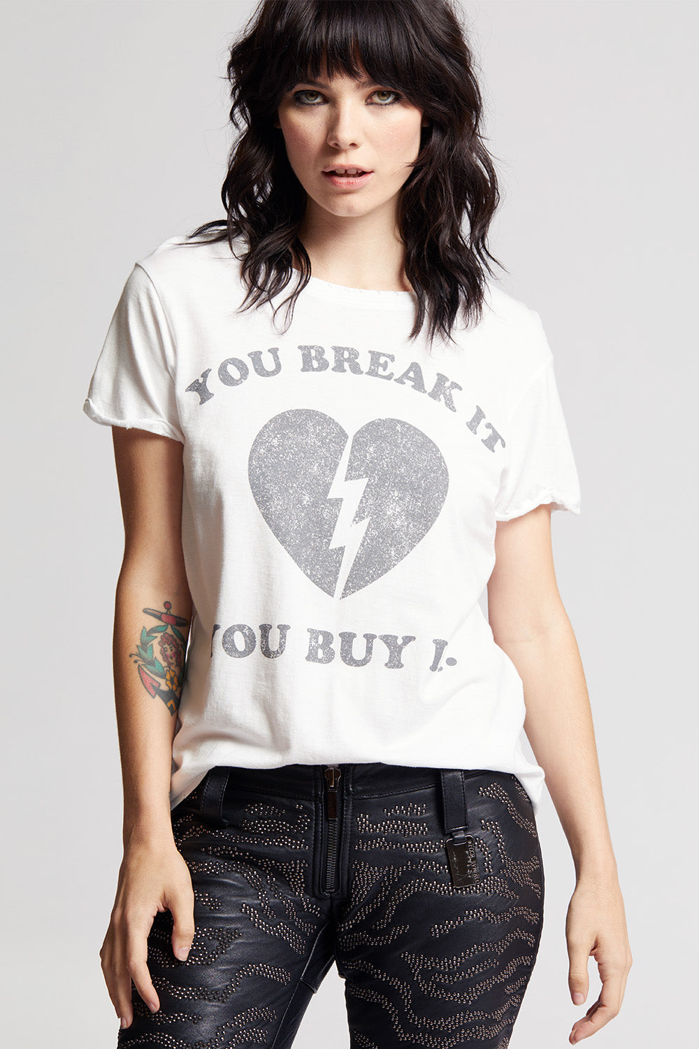 Women's You Break It You Buy It T-shirt in White with broken heart graphic