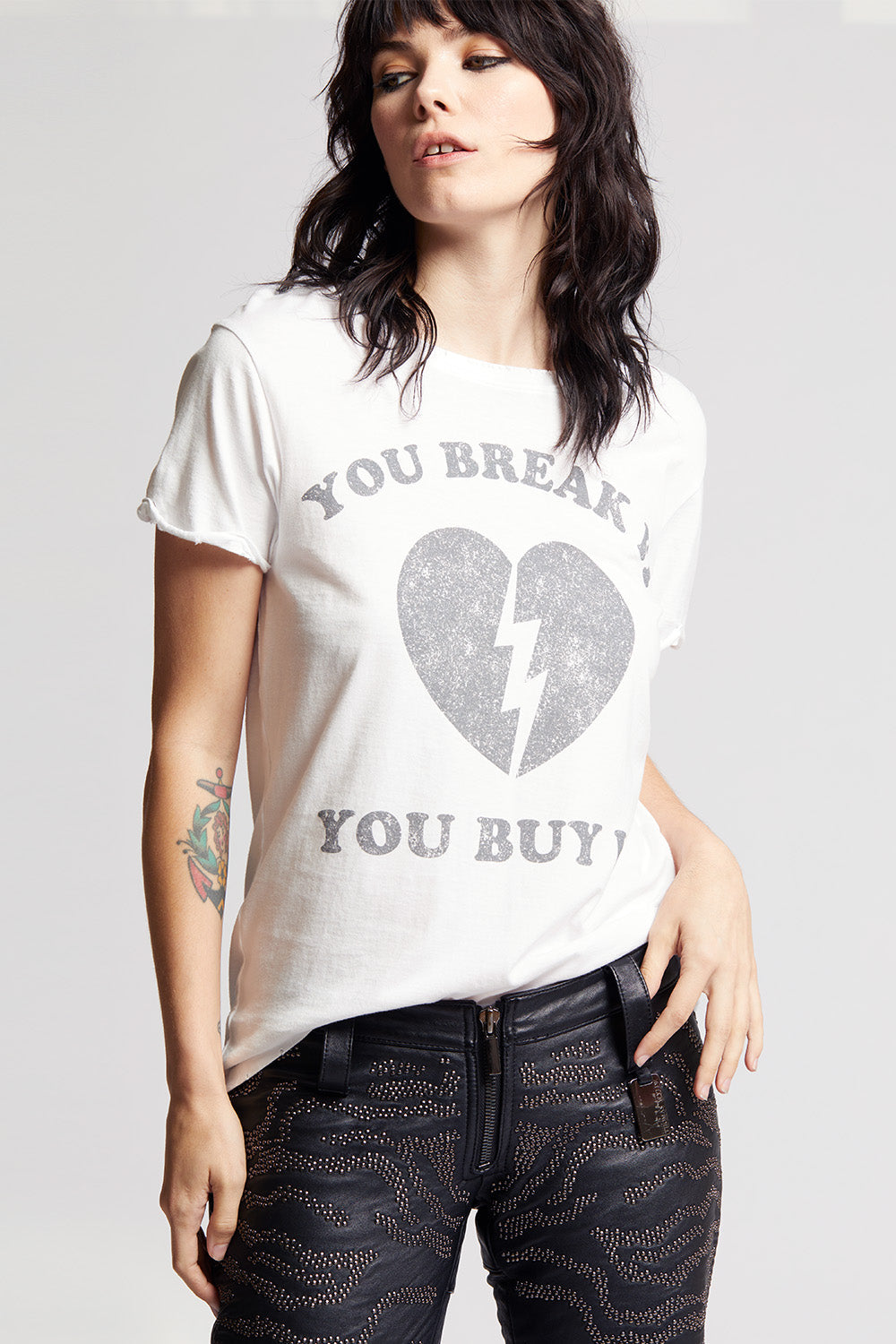 Women's You Break It You Buy It T-shirt in White with broken heart graphic