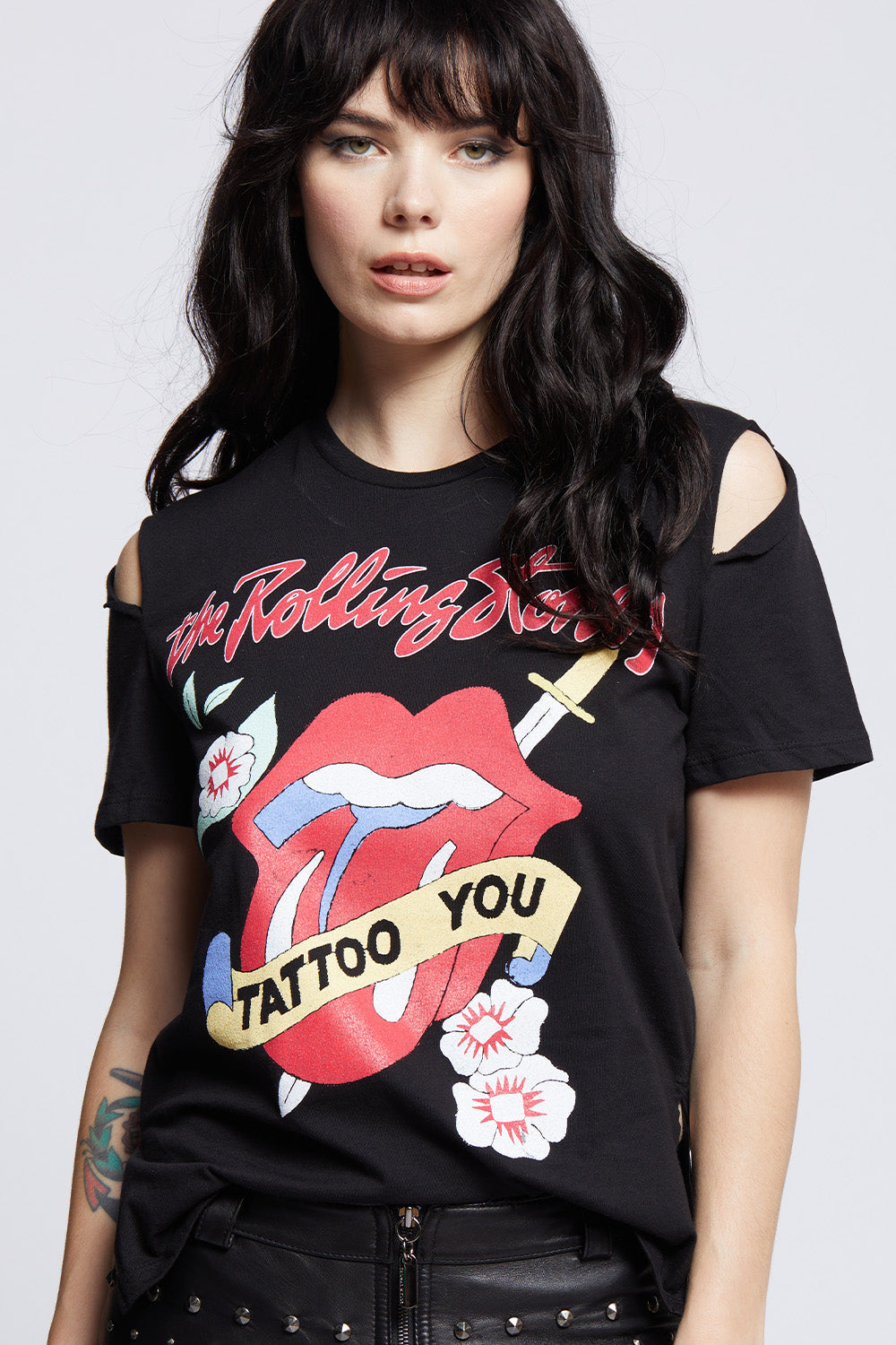 Women's Rolling Stones Slit Sleeve T-shirt in Black with Tattoo You album artwork