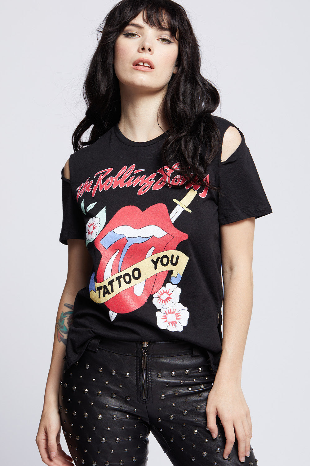 Women's Rolling Stones Slit Sleeve T-shirt in Black with Tattoo You album artwork