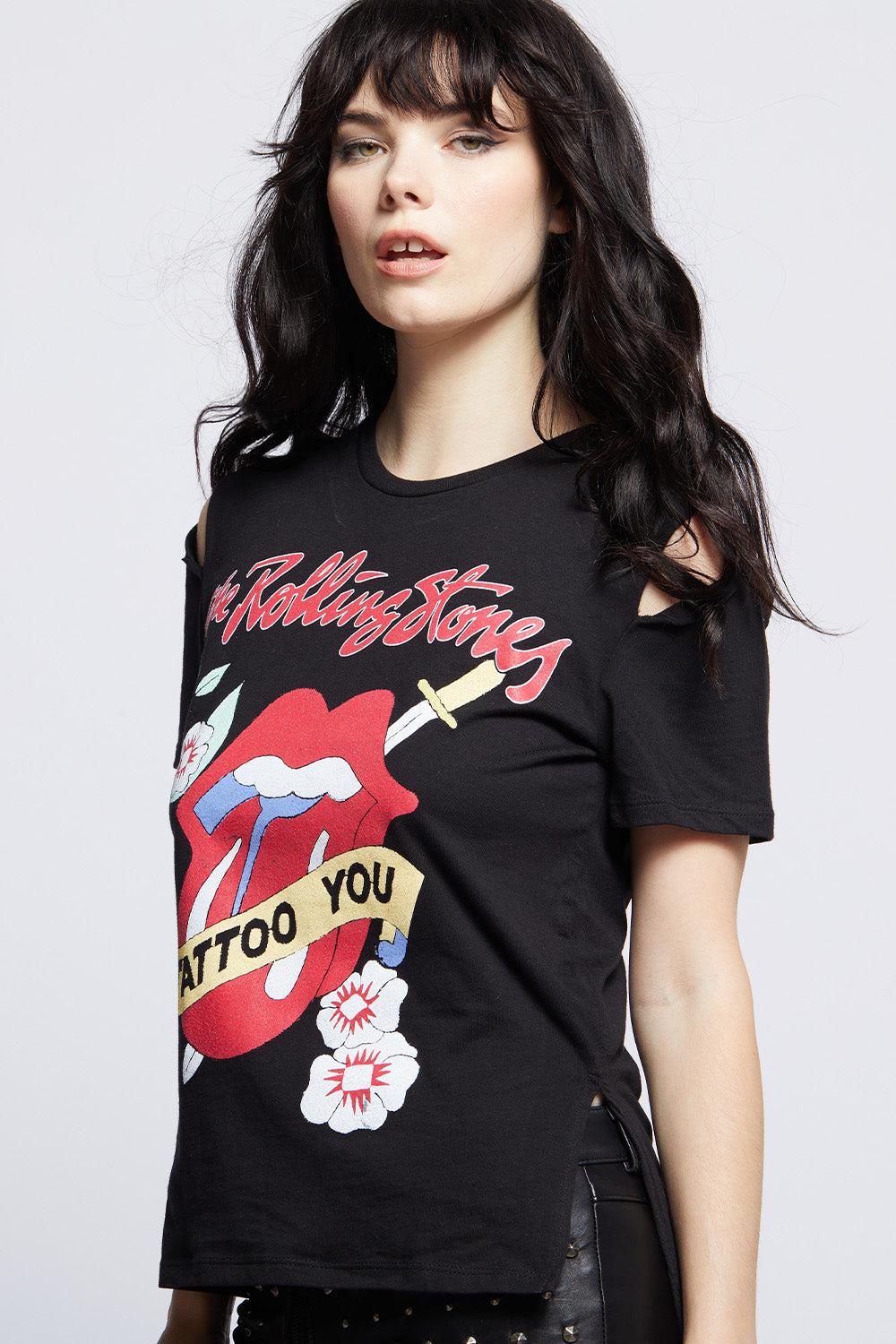 Women's Rolling Stones Slit Sleeve T-shirt in Black with Tattoo You album artwork