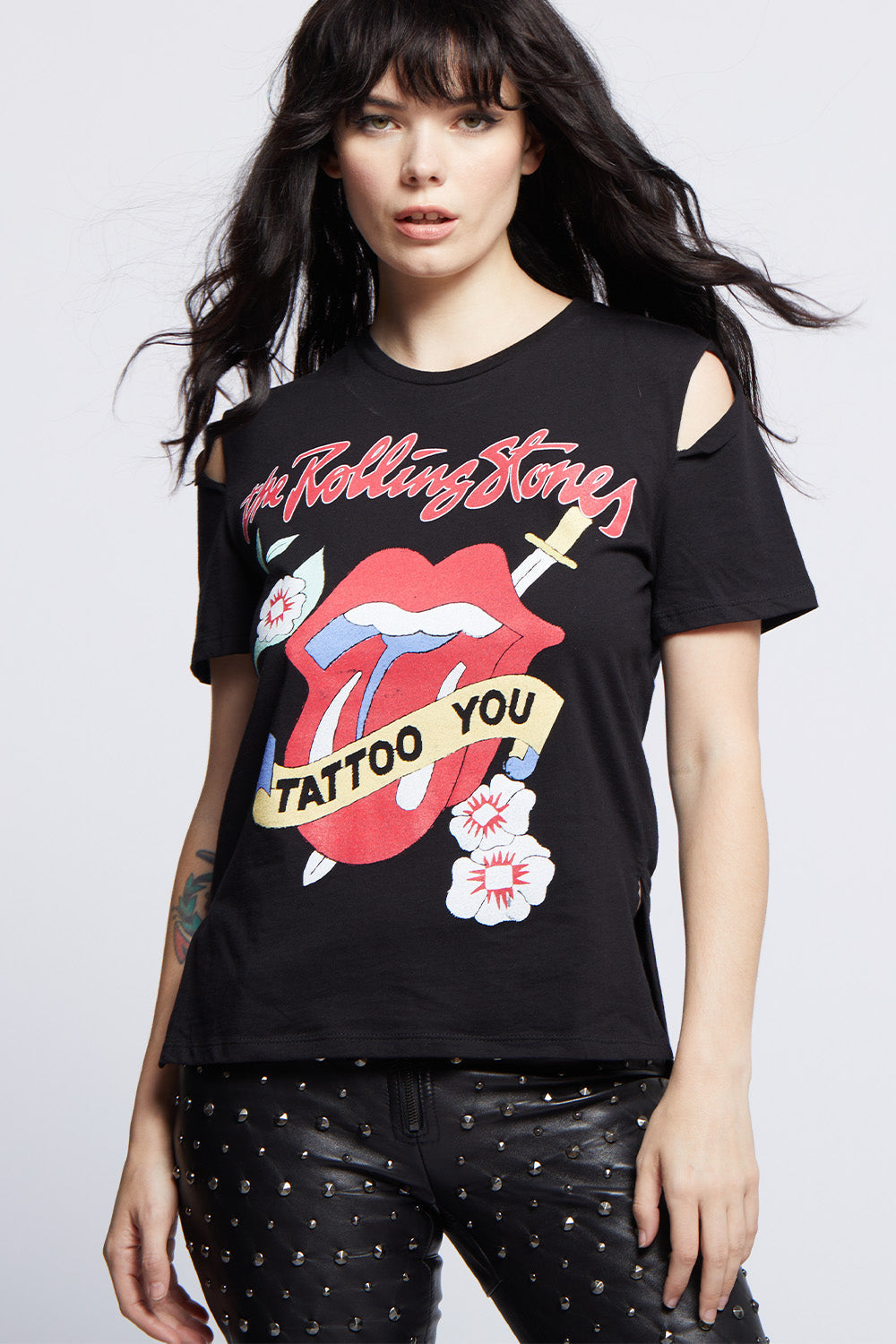 Women's Rolling Stones Slit Sleeve T-shirt in Black with Tattoo You album artwork