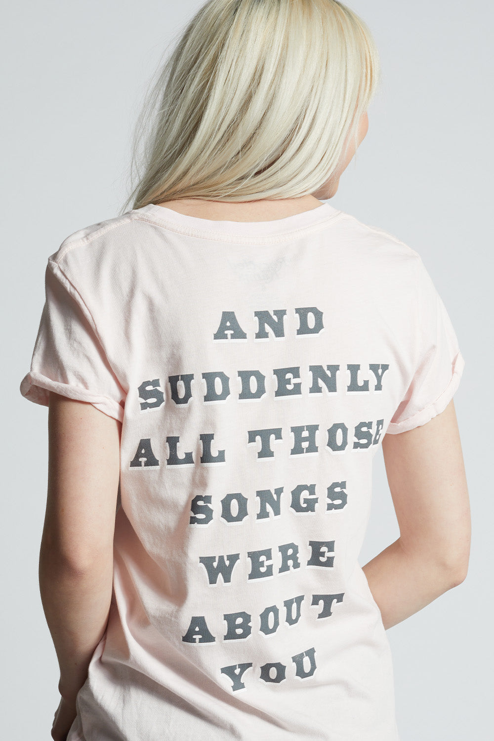 Women's Songs About You Country T-shirt in Petal with guitar, stars, and cow print