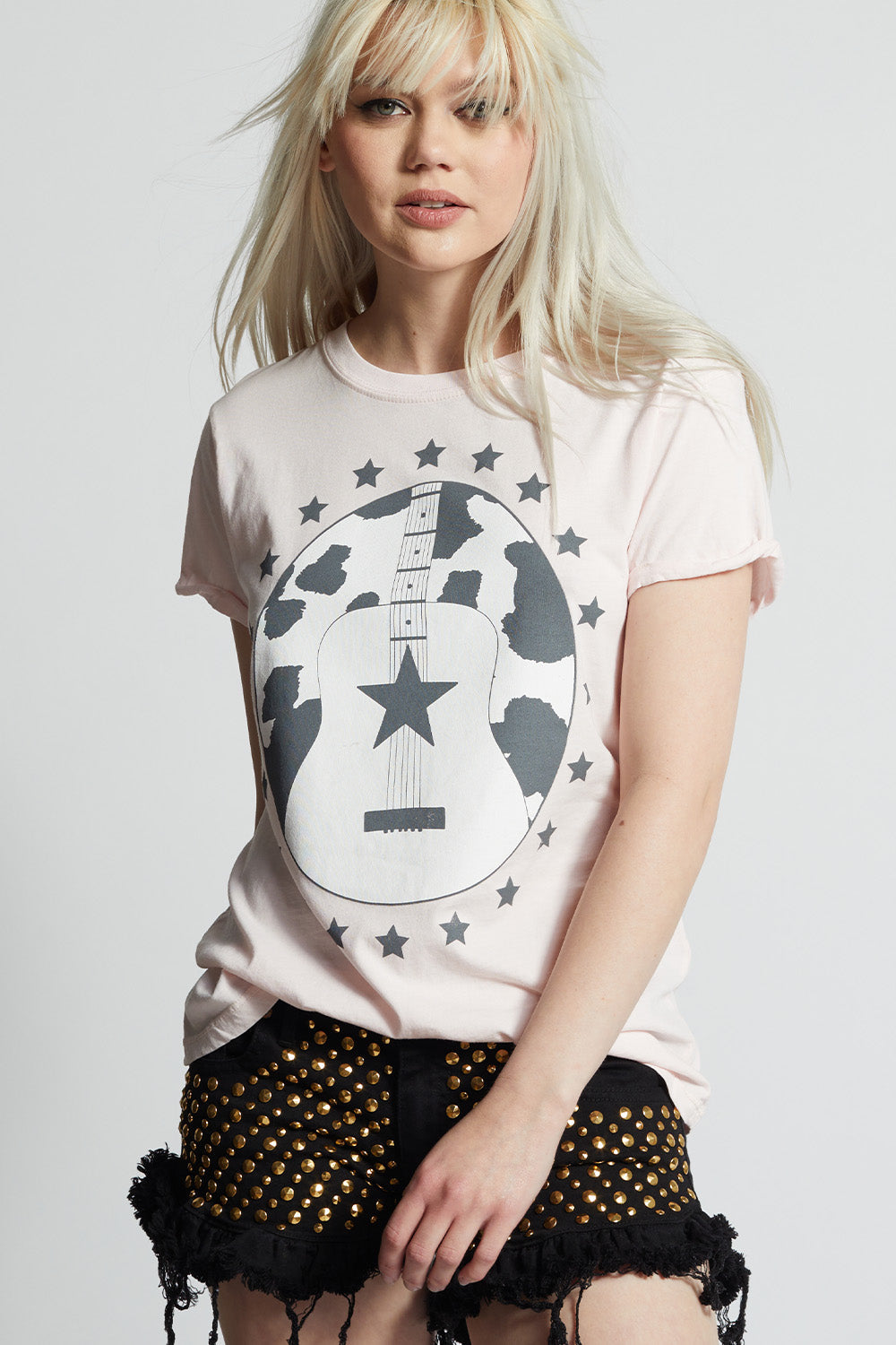 Women's Songs About You Country T-shirt in Petal with guitar, stars, and cow print
