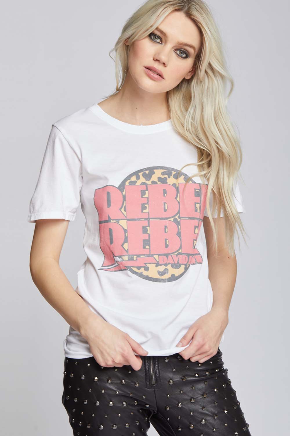 Women's David Bowie Rebel Rebel T-shirt in White with cheetah print
