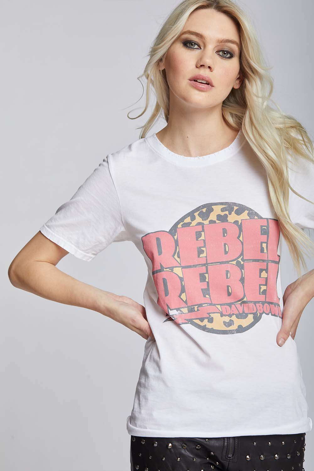 Women's David Bowie Rebel Rebel T-shirt in White with cheetah print