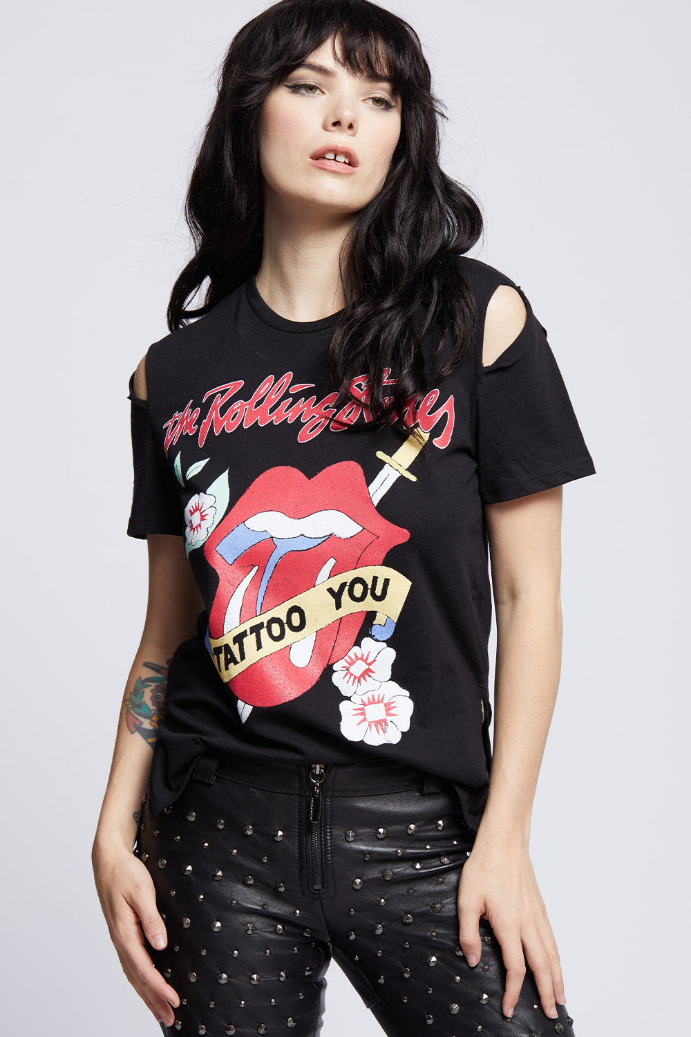 Women's Rolling Stones Slit Sleeve T-shirt in Black with Tattoo You album artwork